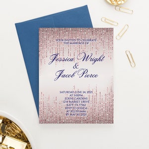 Personalized Rose Gold Wedding Invitation Navy and Rose Gold Wedding Invites, Rose Gold and Navy Wedding Invitations, Elegant Wedding, WI052