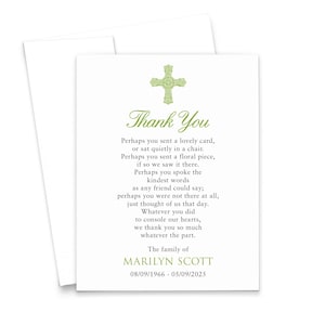 May include: A white thank you card with a green cross design and the words "Thank You" in elegant script. The card includes a heartfelt message of gratitude and the name Marilyn Scott with dates.