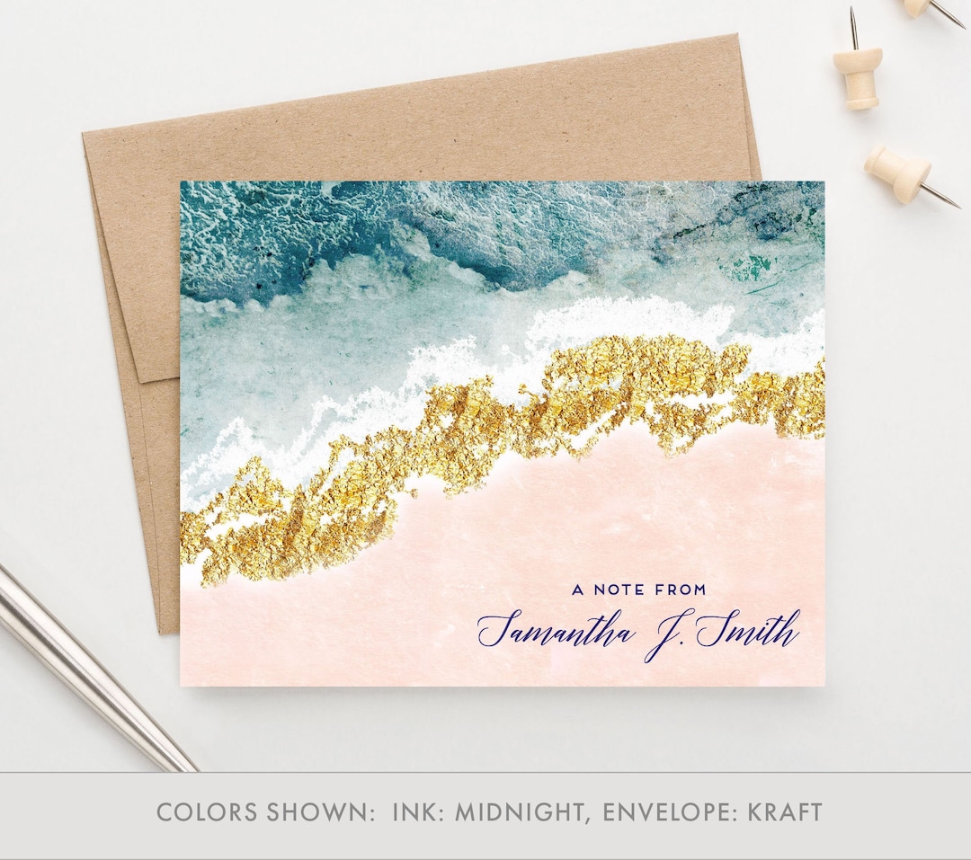Personalized Agate FOLDED Note Card for Women Blue and Gold Agate ...