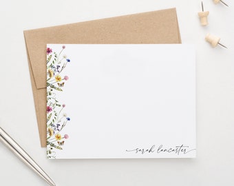 Personalized Note Cards with Border, Wildflower Stationary Watercolor Notecards Personalized with Envelope, Stationery Sets for Women PS206