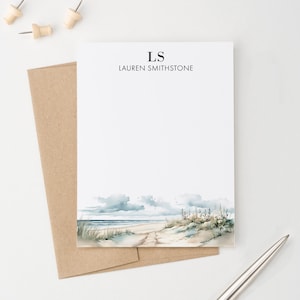Personalisierte Monogramm Stationäre Karten Und Umschläge, Flache Note Karte Mit Name, Aquarell Strand Landschaft Notecards, 2 Initialen MS073