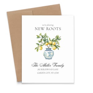 Aquarel chinoiserie bewegende aankondigingskaart met enveloppen, FLAT adreswijzigingskaarten met bladeren, nieuw huis cadeau, MA019