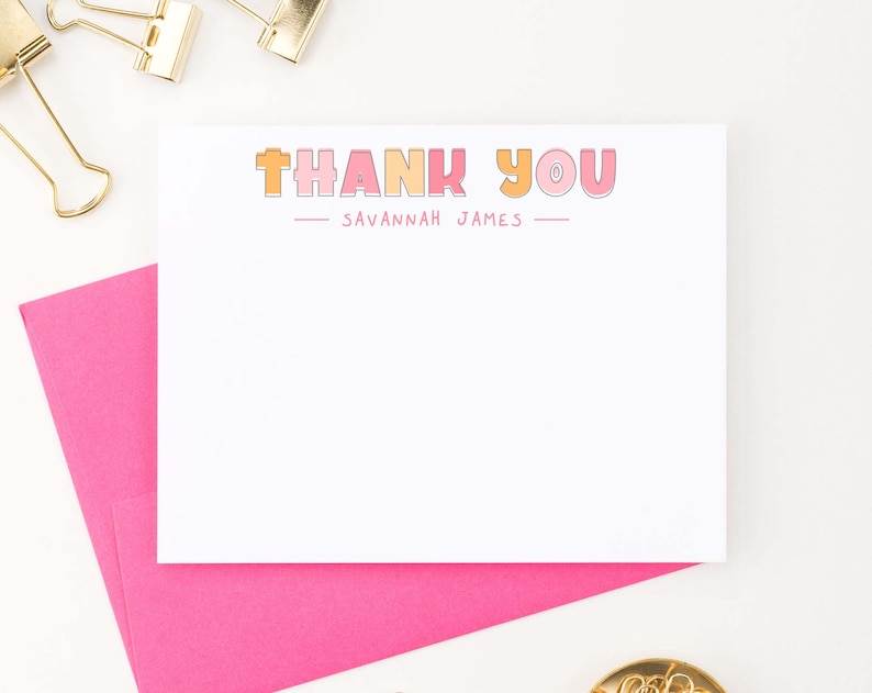 Simple Girls Thank You Cards Personalized Kids Thank You Notes Girl Thank You Stationery Set Modern Stationary Cards Block Font Kid KS178