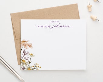 Note Cards Personalized Stationery Set for Women, Wildflower Note Cards with Envelopes, Floral Stationary Watercolor Notecards Flowers PS208