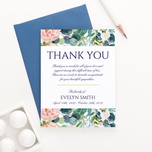 Papelería funeraria floral con tarjetas de agradecimiento conmemorativas con sobres, tarjetas de notas funerarias personalizadas con flores ruborizadas, FTY009