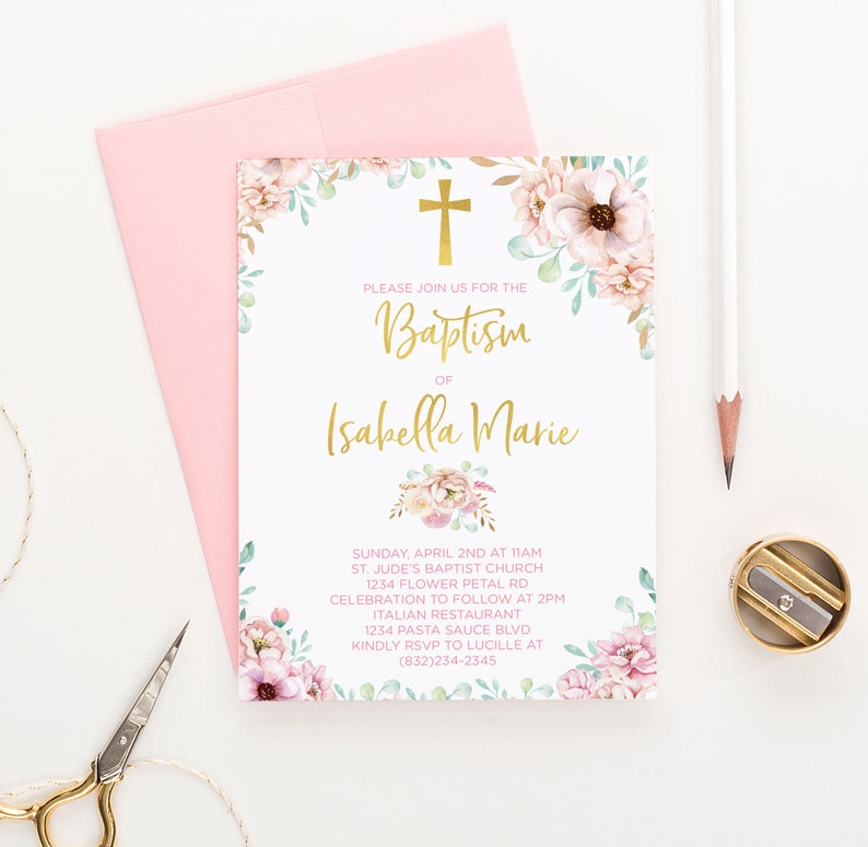 Pink and Gold Rustic Baptism Invitation Girl Baptism Etsy