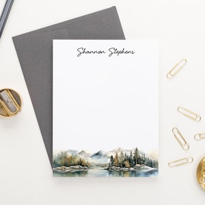 Tarjetas y sobres personalizados, tarjetas planas con nombre, tarjetas con paisaje de montaña y lago en acuarela, tarjetas de naturaleza PS227