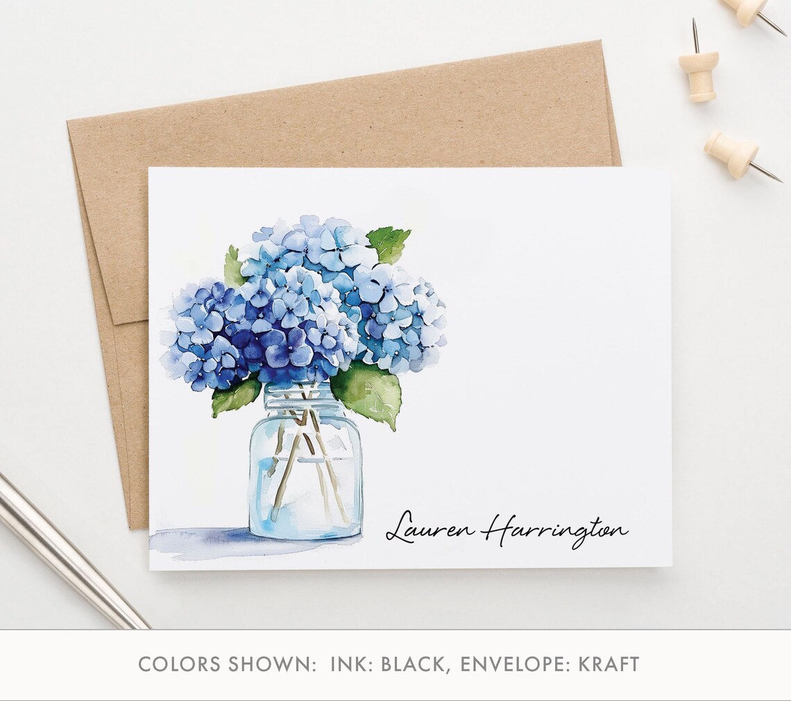 Personalized Stationery With Flowers, Folded Blue Hydrangea Stationary ...