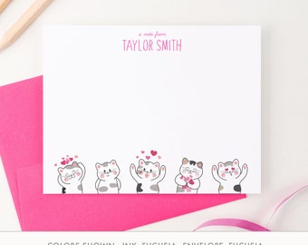 Personalized Cat Stationary For Girls Custom Note Cards with Cats and Hearts, A Note From Stationery Set, Thank You Notes with Cats, KS221