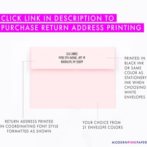 May include: A pink envelope with a return address printed in black ink. The address is "Levi James, 4730 5th Avenue, Apt 4F, Brooklyn, NY 11209". The text "Printed in black ink or same color as stationery ink when choosing white envelopes" is printed on the right side of the envelope.