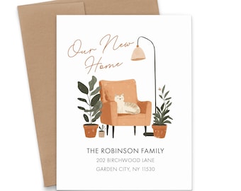 Custom Change of Address Card With Cat, FLAT New Home Announcement Cards and Envelope Set, Personalized New Home Announcements Simple, MA035