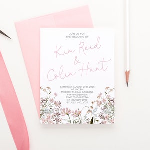 Personalisierte Hochzeitseinladungen, Wildblumen Hochzeitseinladungen, Rosa Blumen Hochzeitskarten Einladung, Anpassbare Hochzeitseinladung WI070