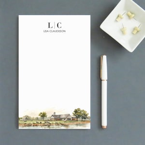 Bloc de notas con monograma personalizado con nombre, juego de escritura de cartas personalizado, bloc de notas con paisaje de acuarela de granja, 2 monogramas iniciales NP392