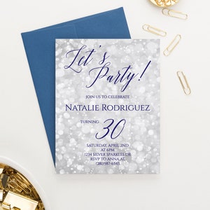 Elegant 30th Birthday Invitation Navy and Silver Glitter, Silver Birthday Invitations Sparkles, 50th Birthday Invite Printed, Simple, BI119