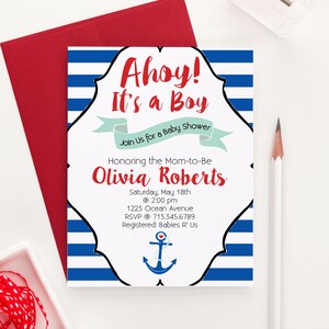 Ahoy Its a Boy Baby Shower Invitation Download, Nautical Baby Shower Invite Boy, Anchor Baby Shower Invitation Boys, Printed, Navy, BSI001