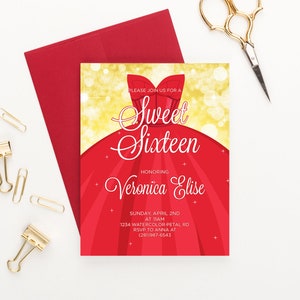 Red and Gold Sweet 16 Invitation Red and Gold, Elegant Sweet Sixteen Invitations Download, Red Dress Sweet Sixteen Invitation Printed SSI016