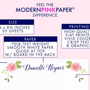 May include: A blue and white graphic with the text "FEEL THE MODERNPINKPAPER&reg; DIFFERENCE" and information about the size, paper, and printing of the product. The text "Danielle Reyner" is written in cursive on a white background with a pink floral design.