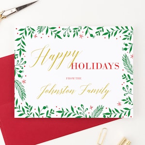 Tarjetas familiares personalizadas, tarjetas de Navidad familiares elegantes, tarjetas de felicitación personalizadas de vacaciones familiares, tarjeta de felicitación de vacaciones verde, HGC005