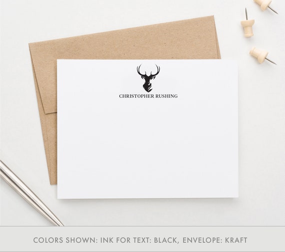 Mens Deer Head Personalized Stationery, Deer Thank You Cards for