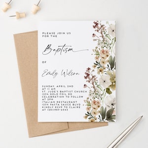 Personalized Baptismal Invitation, Elegant Baptism Invitation Printable, Floral Baptism Invite, Baptism Invite Modern Minimalist BAP1062