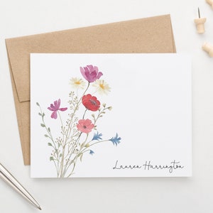 Klassische florale stationäre Aquarell Grußkarten personalisiert, gefaltete Grußkarten mit Umschlägen, Wildblumen-Briefpapiersets für Frauen PS202