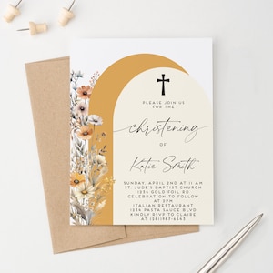Cartões e envelopes de batizado personalizados, convites de batizado florais de outono com arco, convite de batizado rústico com cruz CI043
