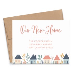 Aangepaste adreswijzigingskaart met kleurrijke huizen, FLAT Our New Home-aankondigingskaarten met enveloppen, eenvoudige bewegende aankondigingen, MA030