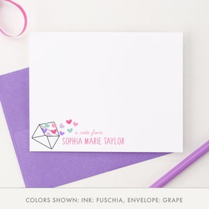 Girls Personalized Stationary, Customized Envelope Thank You Cards with Hearts, Heart Note Cards for Girl, Kids Stationary With Lines, KS123 image 2