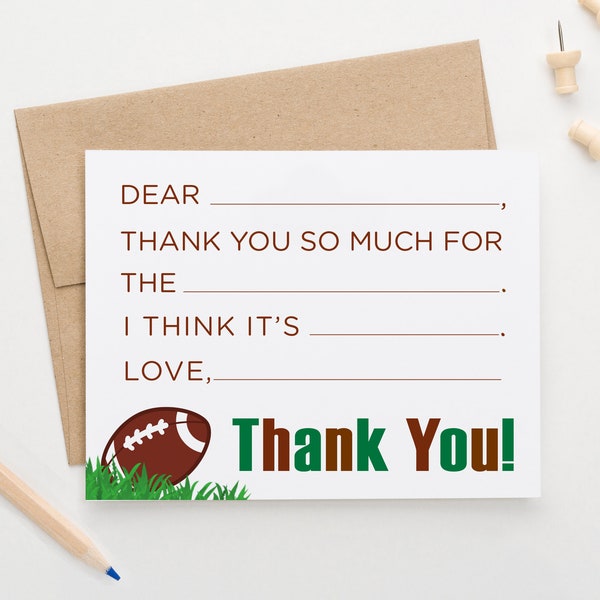 Football Fill in The Blank Thank You Note, Sports Fill In Thank You Stationery for Birthday, Kids Sport Fill in Stationery Set for Boy KS232