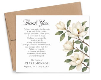 White Magnolia Funeral Thank You Cards, FLAT Sympathy Appreciation Notes with Envelopes, Personalized Memorial Card Floral, FTY066