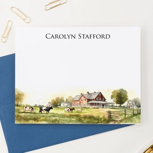 Personalisierte Stationäre Karten und Umschläge, Klappkarten mit Name, Aquarell Farm Landschaft Grußkarten, Stationäre Karten Kuh PS223