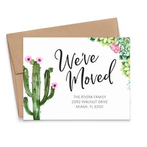 Aangepaste adreswijzigingskaarten met cactus, FLAT We've Moved-aankondigingskaart met enveloppen, verhuisaankondigingskaarten aquarel, MA027