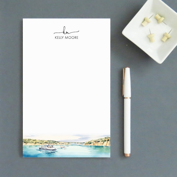 Watercolor Personalized Monogram Stationary Notepads, Note Pads With Name, Summer Lake Landscape Notepad, 2 Initial Monogram, Paper NP401