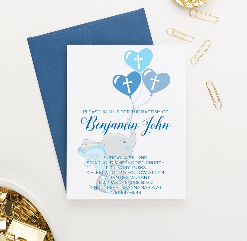 Elephant Baptism Invitation Boy Baby Blue and Grey Balloons Etsy