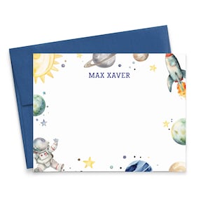 Gepersonaliseerde Space Stationary-kaarten met enveloppen, platte jongenskaart met naam, aangepaste kinderkaart, aquarelplaneten, KS271
