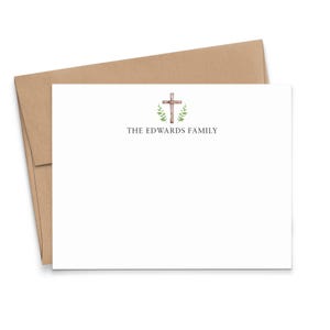 Personalisierte Familie Stationäre Grußkarten, Flache Religiöse Kreuz Grußkarten mit Umschlägen, Benutzerdefinierte Aquarell Greenery Karte mit Namen, FS058