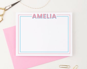 Personalized Stationery Sets for Letter Writing, Flat Note Cards with Envelopes, Custom Stationary For Kids, Fun Notecard with Border KS249