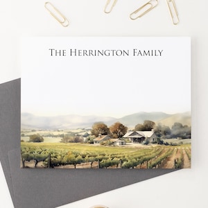 Personalisierte Familie Briefpapier, gefaltete Grußkarten mit Umschlägen, Aquarell Weinberg Landschaft Grußkarten, Nachname Briefpapier Set FS043