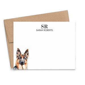 Personalisierte Monogrammkarten mit Hunden, Wählen Sie Ihre Hunderasse, Flache Deutscher Schäferhund Notecards mit Initialen, Monogrammed Stationär, MS092u