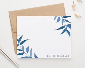 Womens Personalized Elegant Floral Stationary, Custom Blue Greenery Thank You Cards, Custom Adult Stationery with Vines, Modern Branch PS106