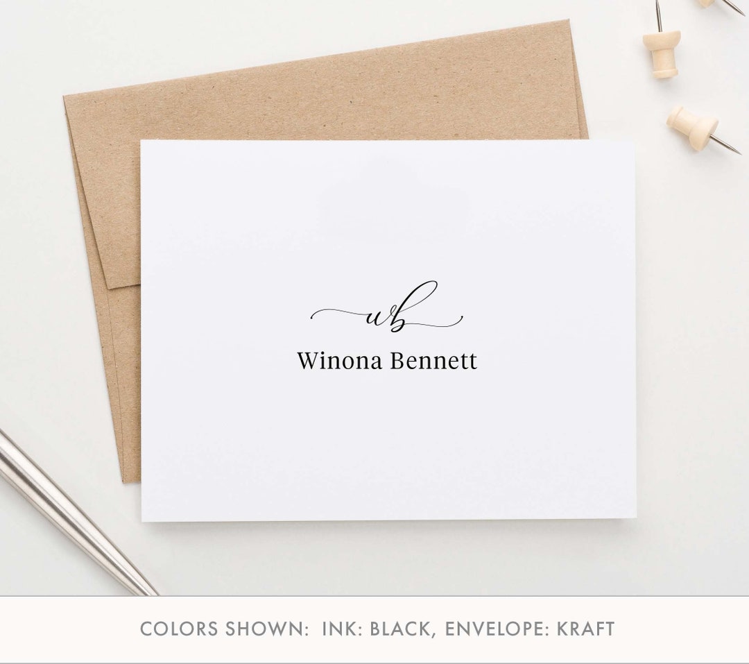 Folded Elegant Script Monogram Note Cards for Women Personalized 2 ...