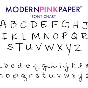May include: Font chart showing the uppercase and lowercase letters of the alphabet in a handwritten style. The font is called "MODERNPINKPAPER".