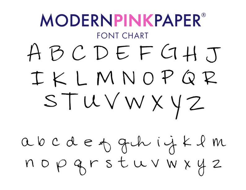 May include: Font chart showing the uppercase and lowercase letters of the alphabet in a handwritten style. The font is called "MODERNPINKPAPER".