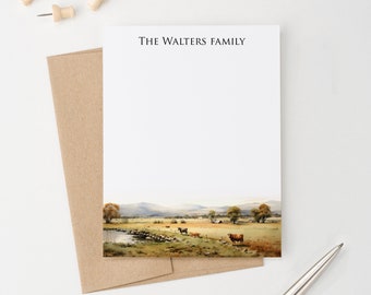 Family Personalized Stationary, Flat Notecards With Envelopes, Farm Note Cards, Watercolor Landscape Notecards, Family Last Name, Cows FS046
