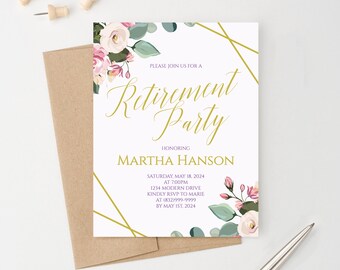 Floral Retirement Party Invitations Download, Womens Retirement Party Invites Gold, Elegant Retirement Celebration Invitation Printed RPI010