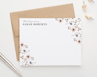 Customized Thank You Note Card Set, Floral Personalized Stationery Watercolor Notecards, Custom Thank You Note Cards for Women PTY008