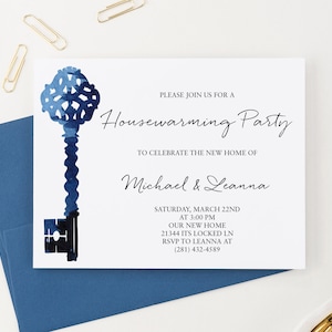 Blue Watercolor Key Housewarming Party Invitations Download, Simple House Warming Invites Printed, Water Color New Home Party Invite, HPI016