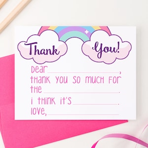 Regenboog invulbare bedankkaarten voor kinderen schattige bedankkaarten, briefpapierset voor meisjes, invulkaarten voor kinderen, KS236