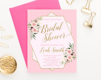 Pink and Gold Bridal Shower Invitation Pink, Modern Bridal Shower Invitation Download, Elegant Bridal Shower Invitation Printed, BRSI019