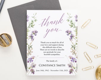 Elegant Personalized Sympathy Thank You Cards With Envelopes, Purple Floral Stationery With Name, Wildflower Funeral Thank You Cards FTY029